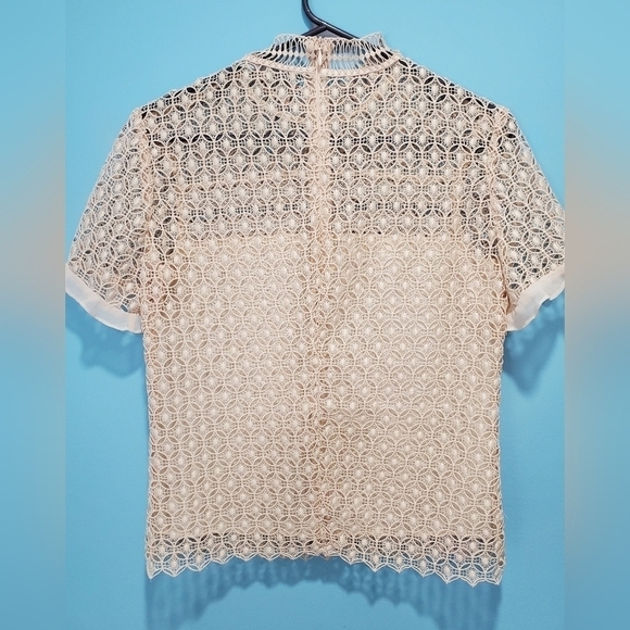 Zara Crochet Blush Pink High Neck Top. Ruffle Detail Front Lined Sz S. - Picture 3 of 9